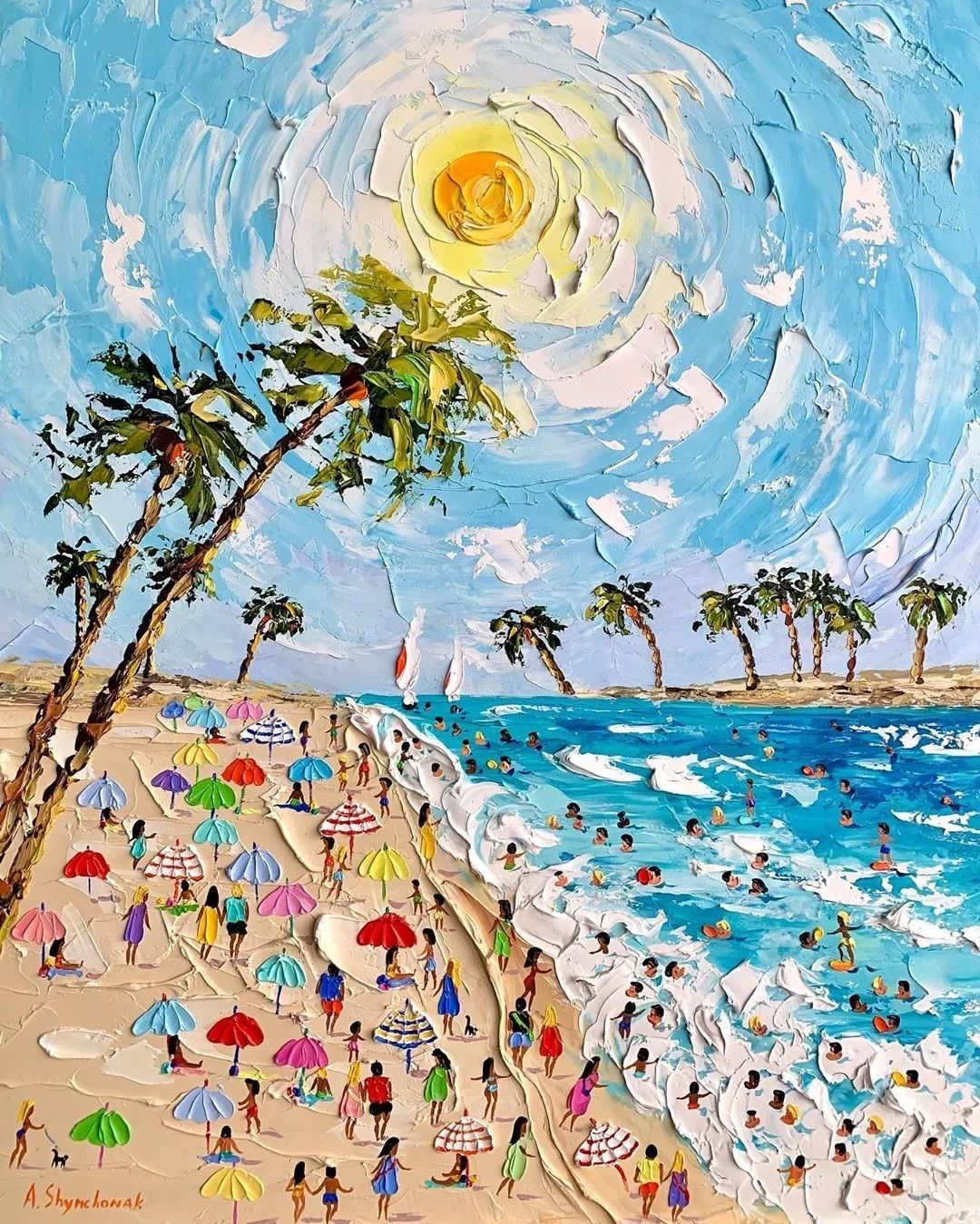 蓝白相间的阳光沙滩画成油画也超美,只看一眼就惊艳到了我,简直越看越