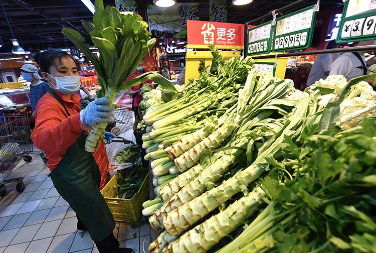 双井家乐福超市蔬菜柜台,店员正在将新鲜的蔬菜摆放整齐.