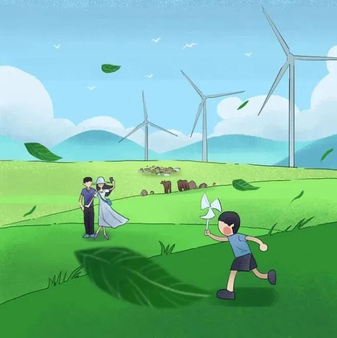 利用自然界风能驱动叶片旋转生产电能 没错,这就是最简单的风力发电