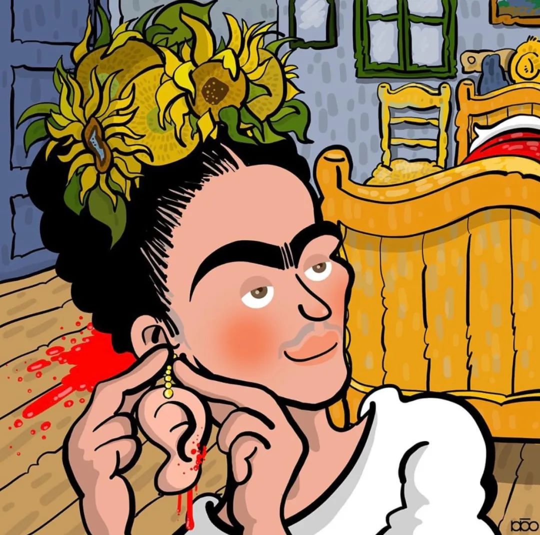 他的这些漫画模仿梵高的风格画作为背景 再将梵高的卡通形象融入画中