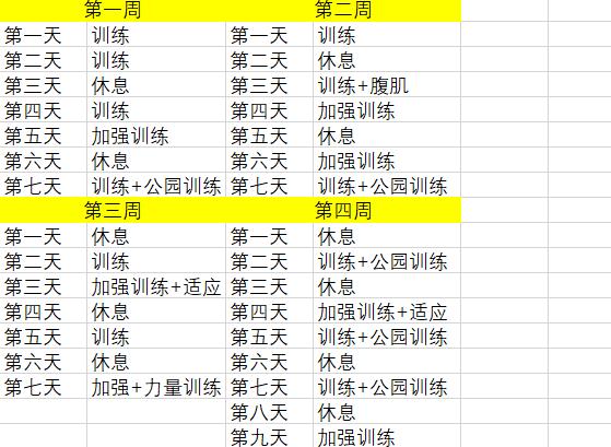 下面这张表格就是30天内需要进行的一些相关训练.