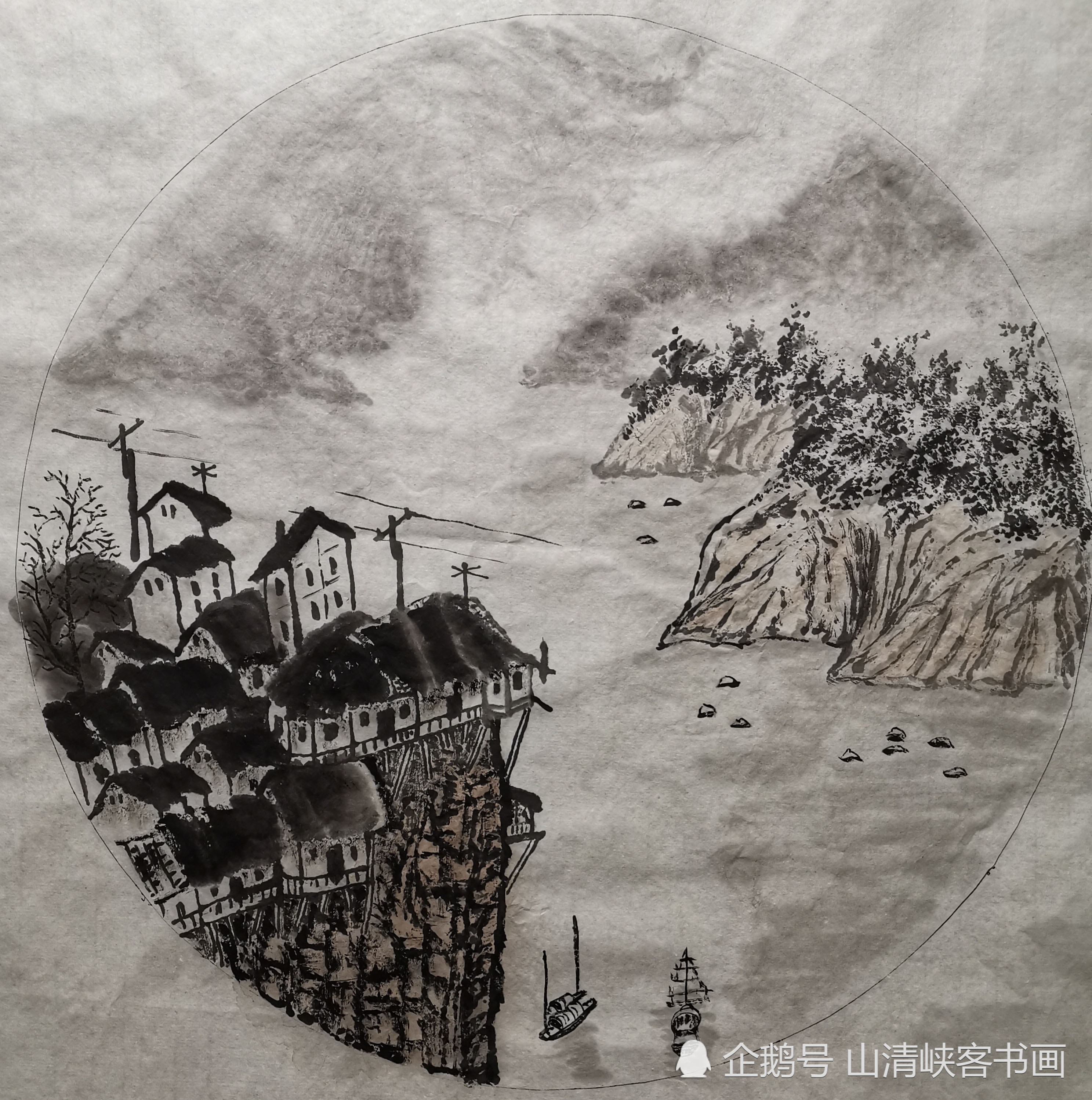 山清峡客学生作品-国画"观古留空",意境深远,布局优美