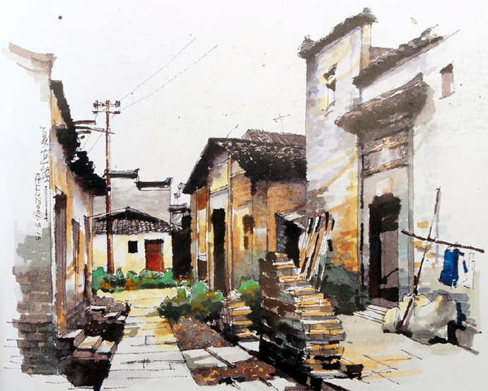 水性马克笔乡村民居手绘作品
