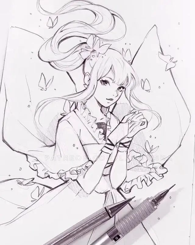 【铅笔针管笔】动漫女生人物黑白线稿 图来源网络侵删 我就知道你在