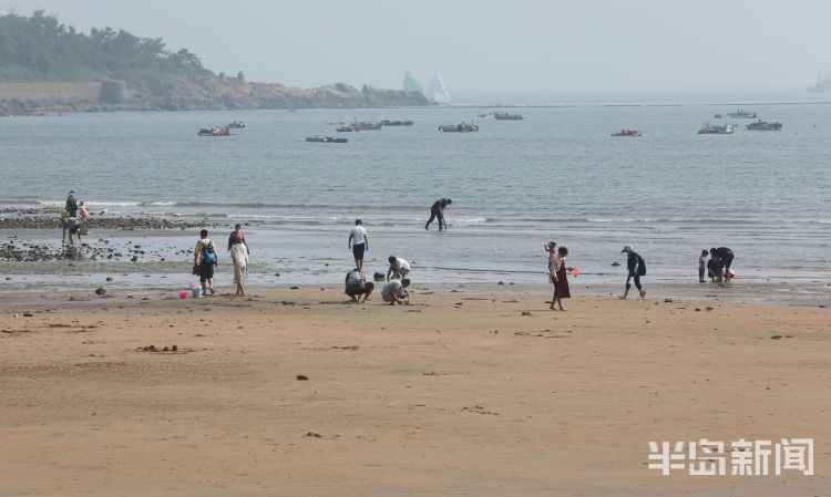 青岛第一海水浴场沙滩上大退潮 市民洗海澡感受清凉