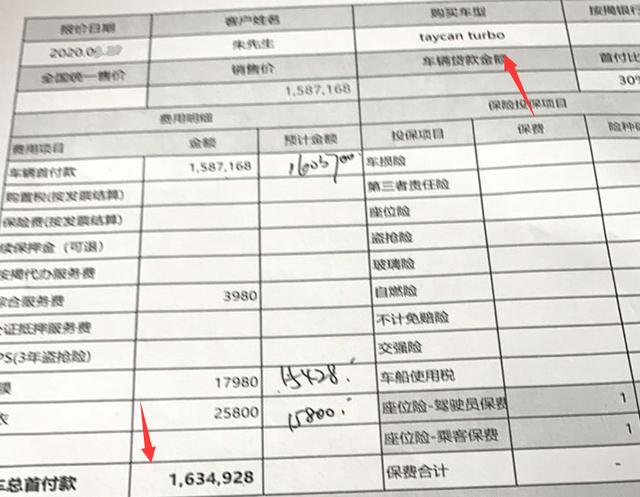 188万元买taycan turbo,车主拿出报价单,车价163.4w