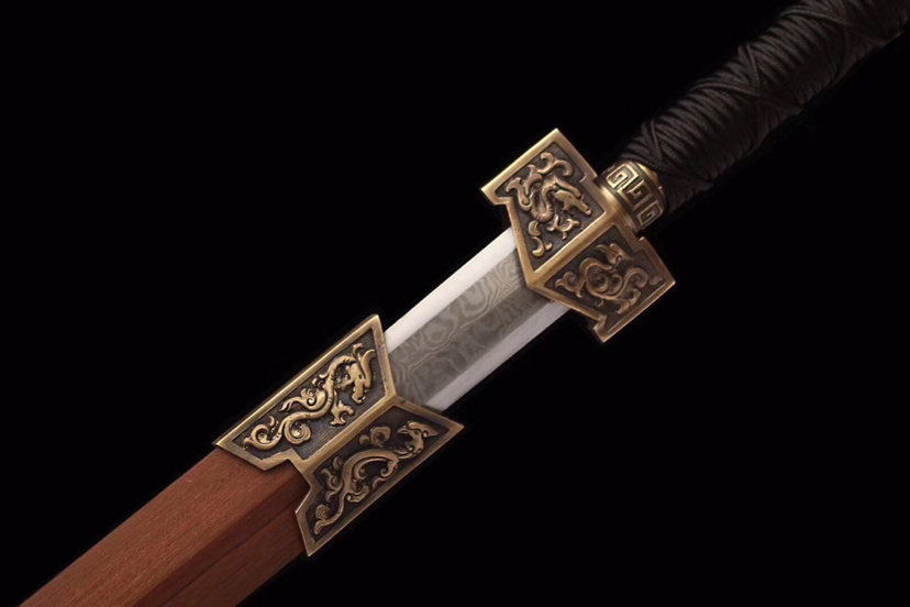 龙凤汉剑,纯铜装具,手工百炼钢八面剑身,手工研磨,龙凤檀剑鞘