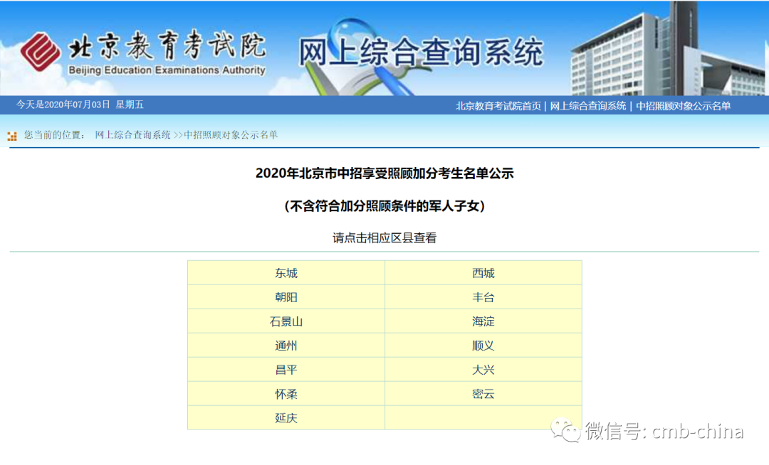 北京教育考试院官网上是按照相应区县来公示的. http://query.bjeea.