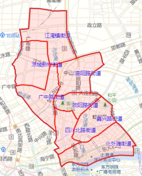 区域划分 虹口区8个街道边界,204个居委会(2个在筹备中)边界的核实