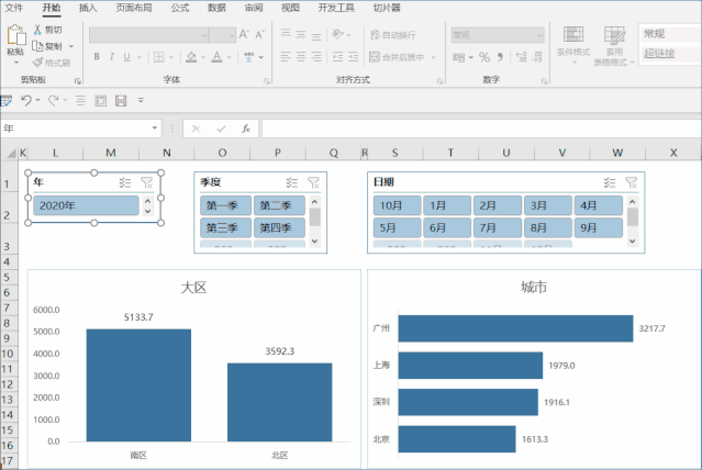 插入切片器 然后,我们还需要把这些切片器,与除折线图外的图表都关联