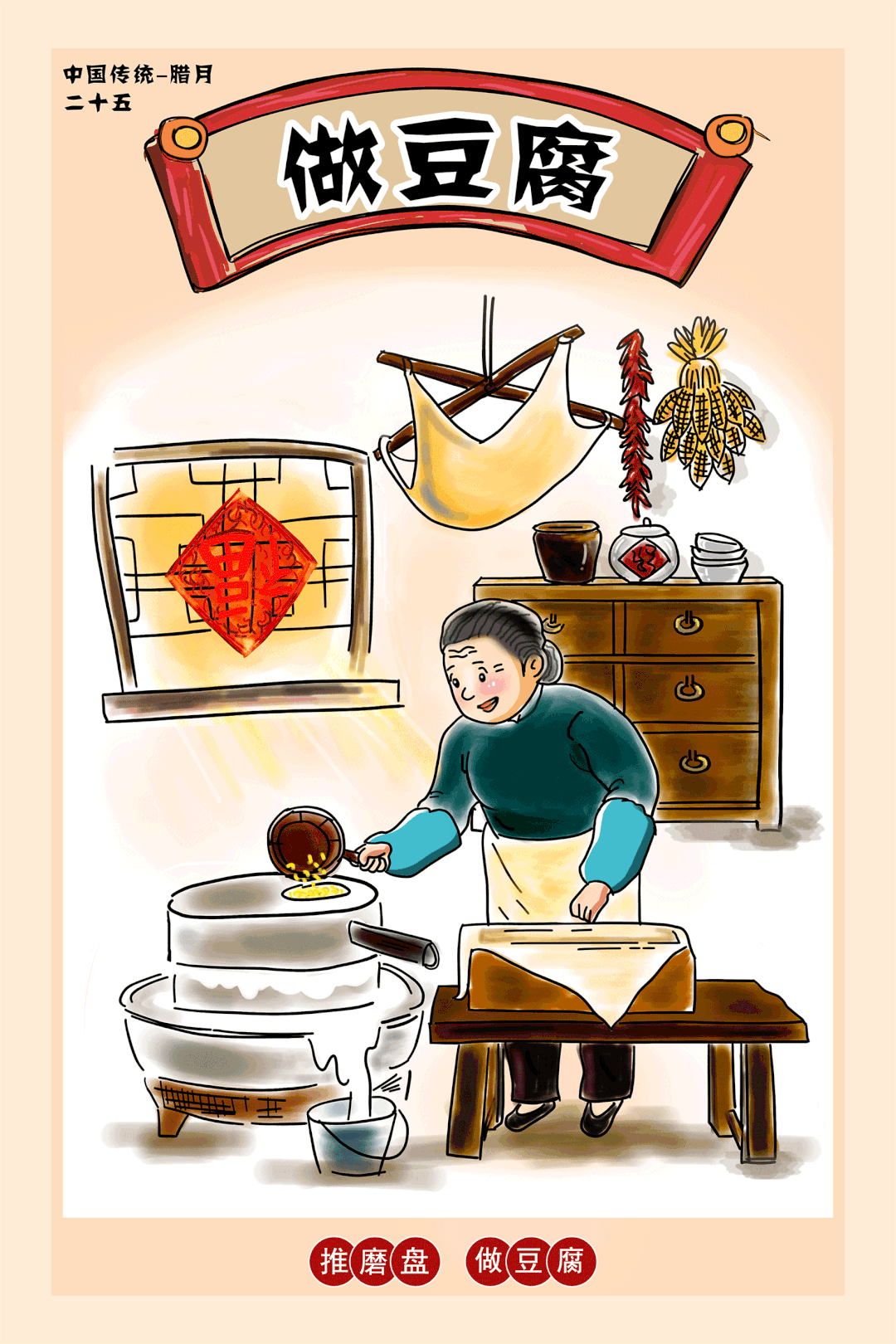 豆腐的"腐"与"福"谐音,民间素有"磨豆腐"的习俗.腊月二十五