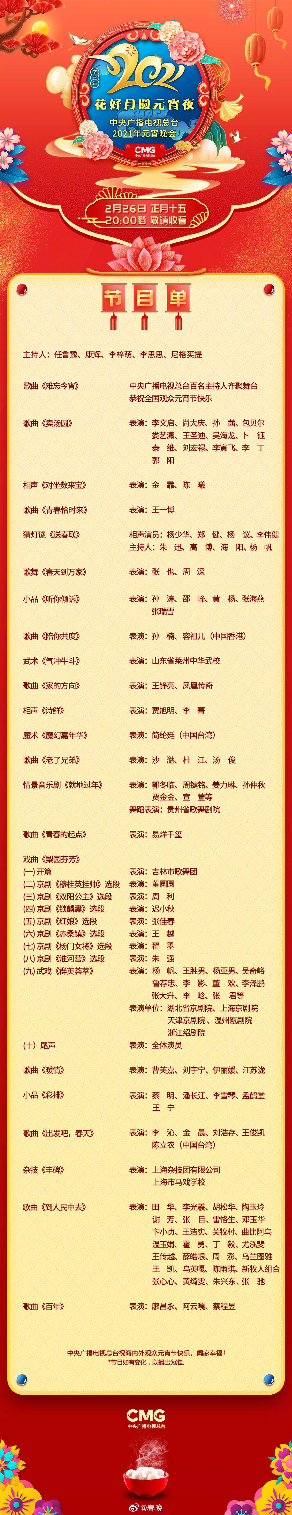 央视2021年元宵晚会节目单揭晓!川籍歌手廖昌永,王铮亮献唱