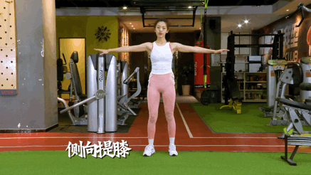 动作2 /侧向提膝要点:1,单侧弓步支撑  手臂向前伸直;2,交替进行,保持