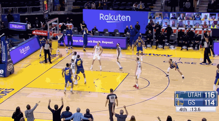 整场比赛,库里25投11中,拿到了36分6助攻.