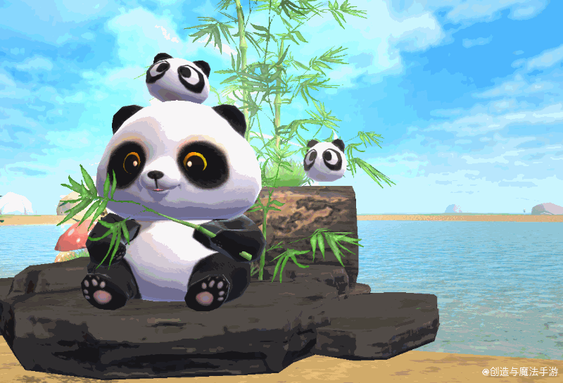 它倚在断木旁悠闲地啃食竹子 身后挺直的绿竹随风摆动,竹叶纷飞 将于