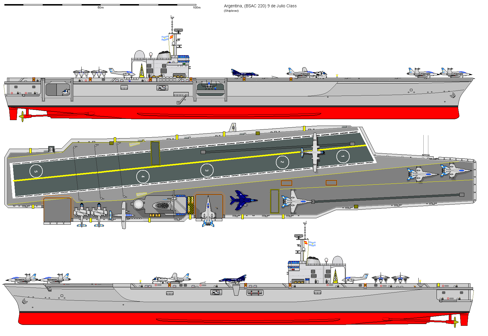 sac-220航母三视图,其舰载机为"超军旗"大黄蜂"和"鹰眼.