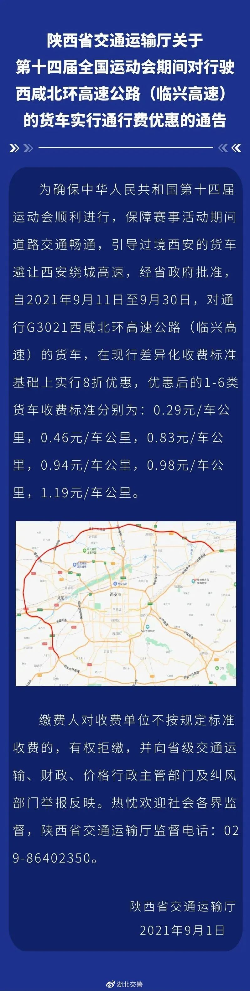 十四运会期间,过境西安的货车绕行西咸北环高速公路收费优惠!