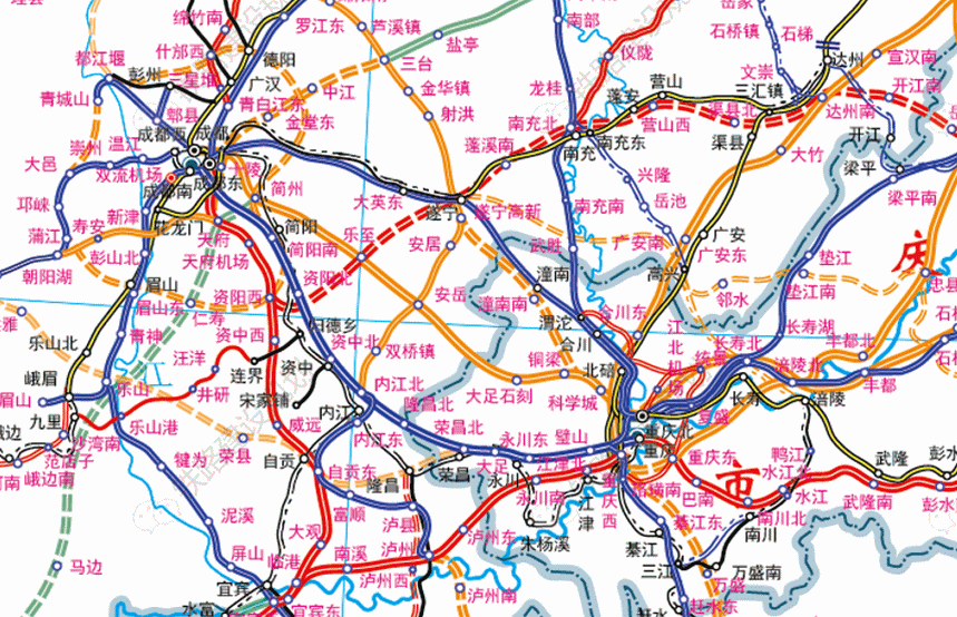 成渝中线高铁全线长约292公里,重庆境内约102公里,四川省境内约190