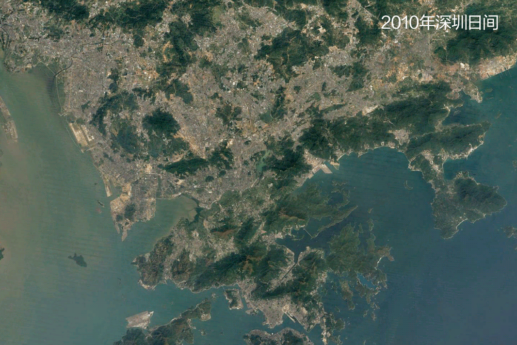 这是2010年和2021年深圳日间卫星影像图对比,以及2014年和2021年的