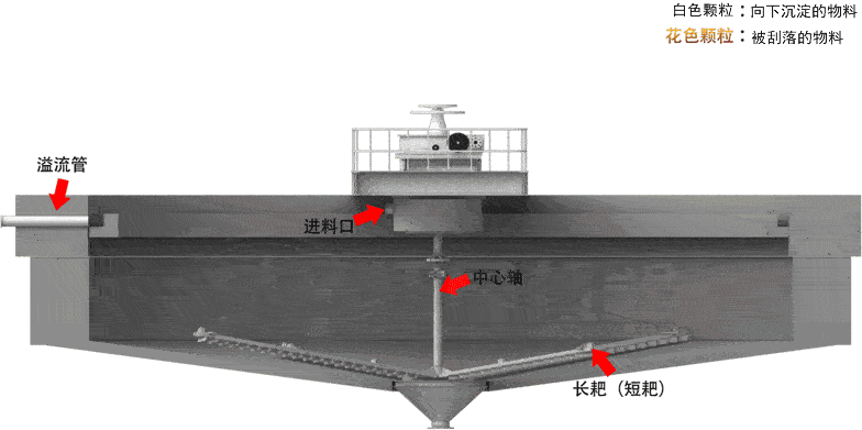 利用重力沉降的原理,浓缩池中悬浮在矿浆里的固体颗粒沉降.