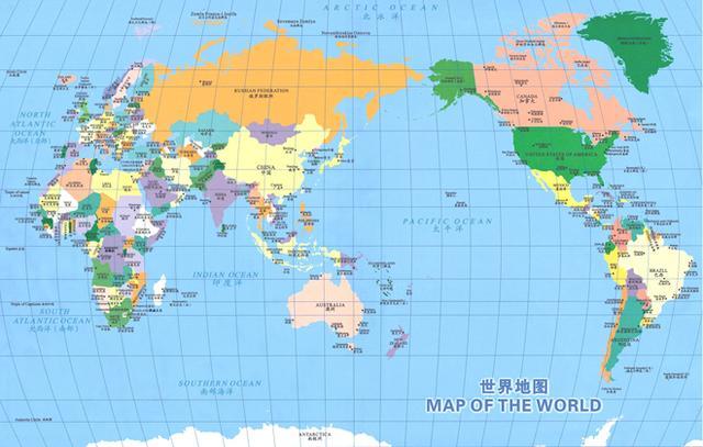 图注:以米勒投影法制作的世界地图,中心是美洲图片