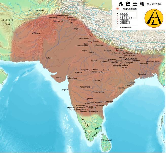 孔雀王朝疆域图 巴克特里亚王国疆域图 到了公元元年,印度北方分裂成