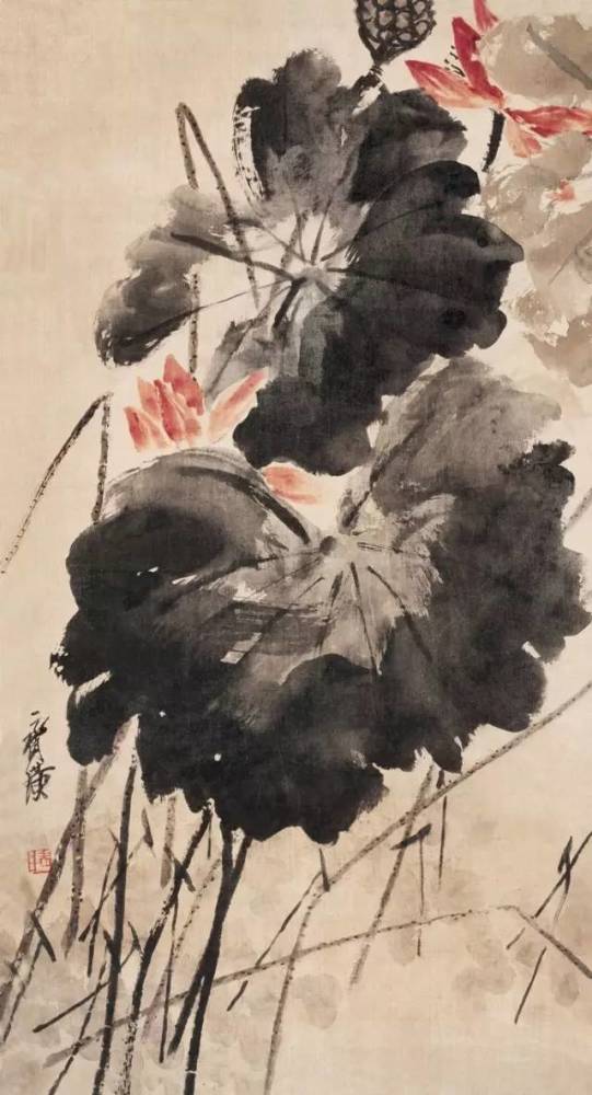 齐白石画荷在吸取八大山人以及吴昌硕笔墨精神的基础上,自创了"红花
