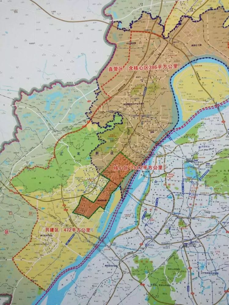 这张江北新区区划图上 标注了新区规划范围(788平方公里,外围双虚线)