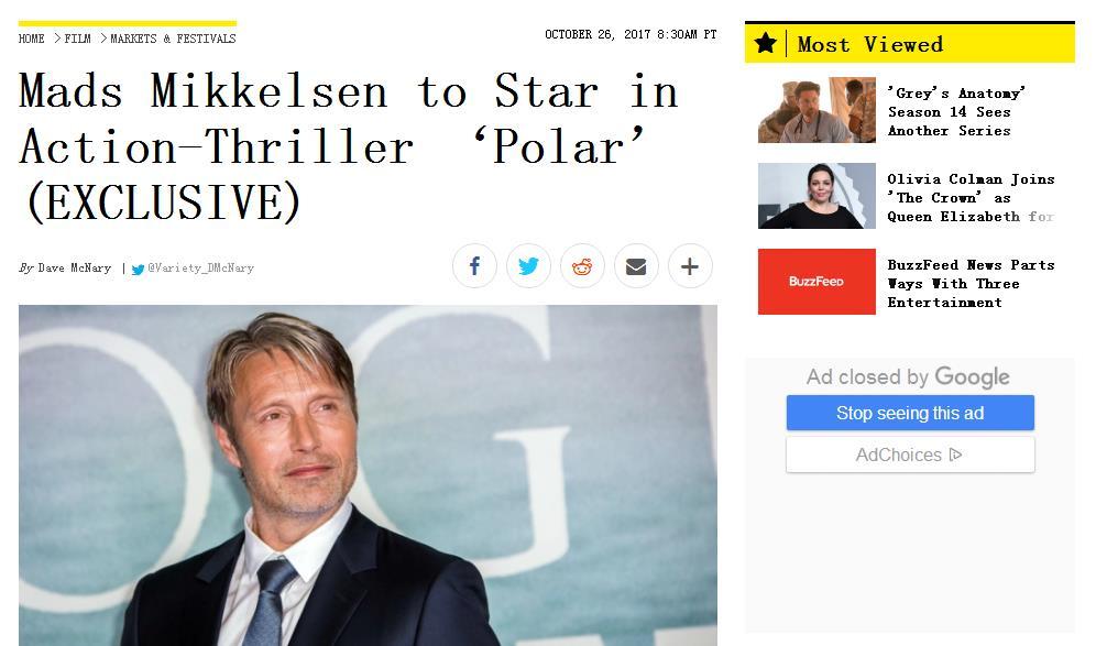 拔叔变身杀手 麦德斯·米克尔森出演漫改电影《Polar》