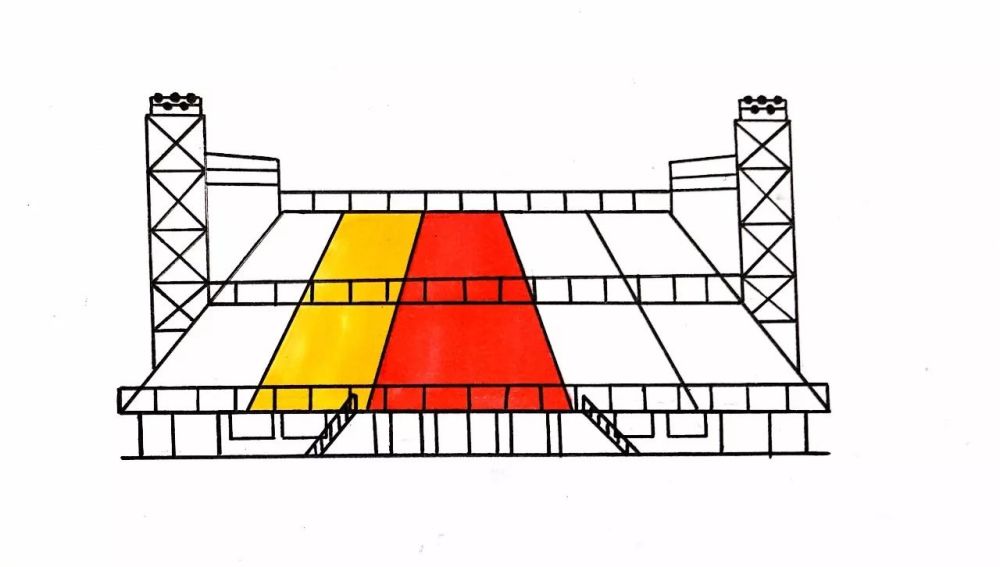 现在可以开始对天健体育场红黄相间的看台进行上色啦,分别用红色和