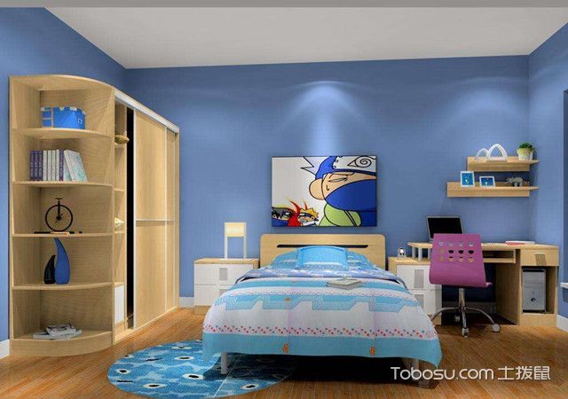 这样的男孩房间装修效果图没有大面积使用彩色,充满了自由的气息.