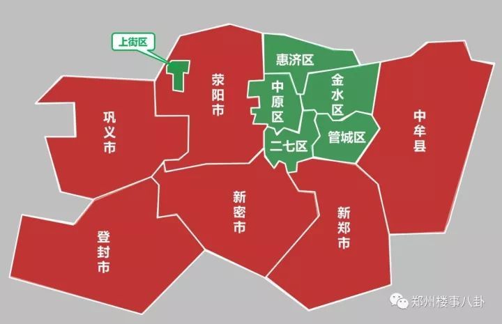 东南扇形为管城,西南扇形为二七,东北扇形为金水,西北扇形为中原,北区