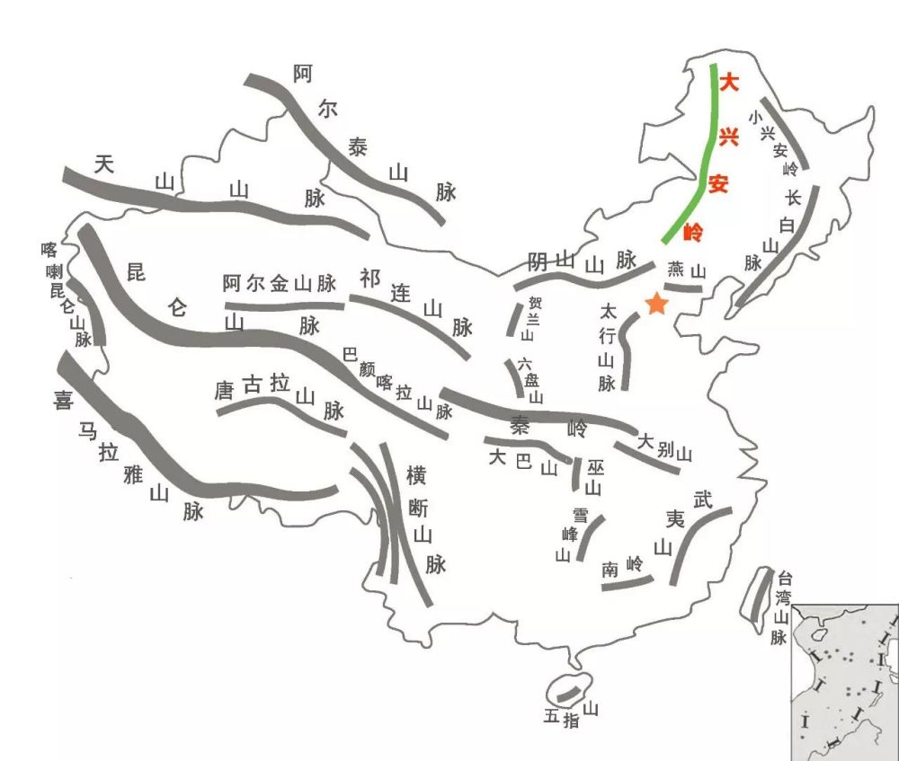 它长度约1200千米,近似南北走向 纵贯中国东北地区西缘 (中国主要山脉
