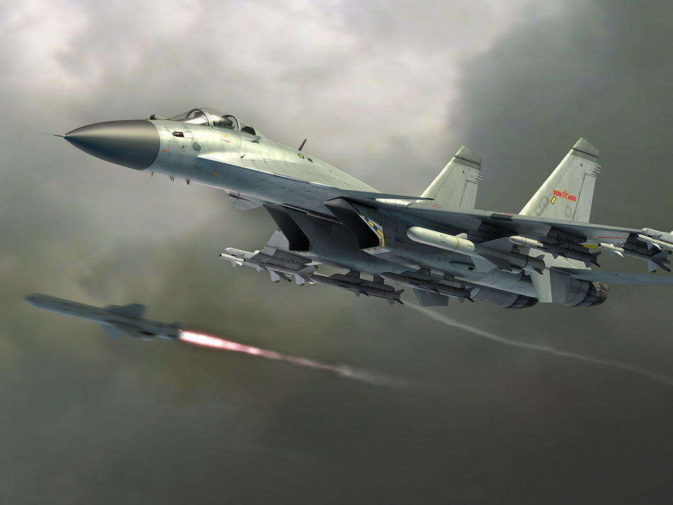 4架歼15战机密集编队超低空飞行