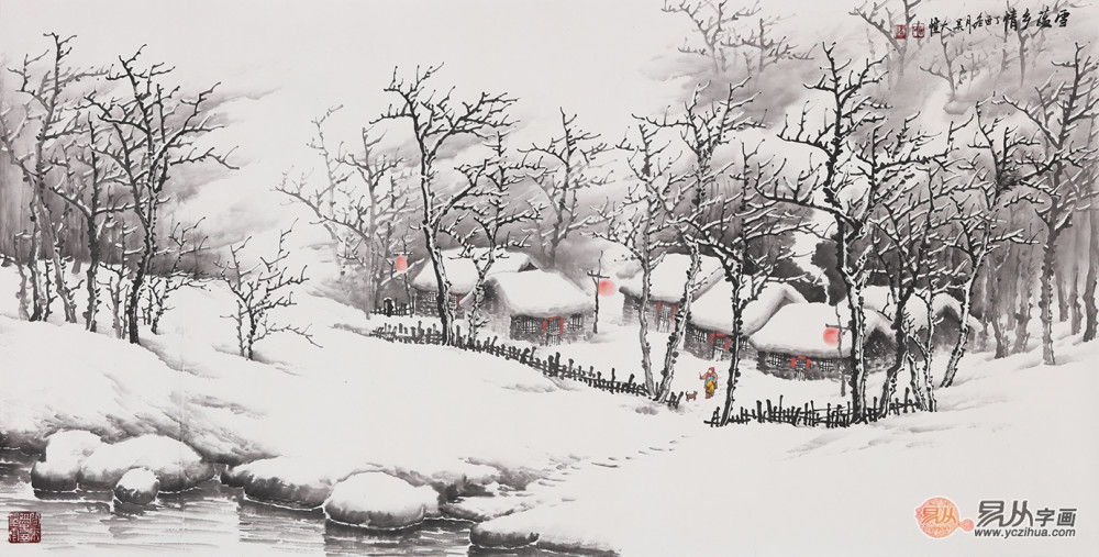 吴大恺精心力作国画雪景山水画《雪蕴乡情》