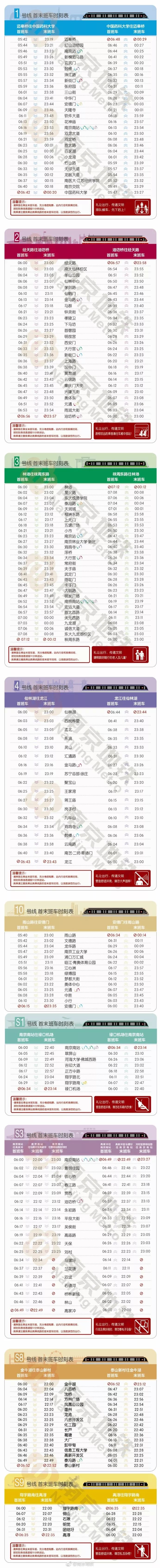 南京地铁线路运营时间表 南京地铁