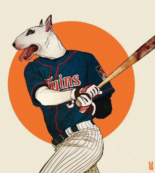 拟人化之后的狗,棒球还是我最厉害.出自美国插画师kim nguyen之手.