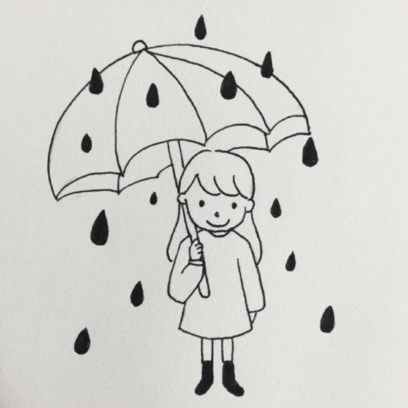 简单人物简笔画:漫步雨中打伞的小女孩画法图片步骤