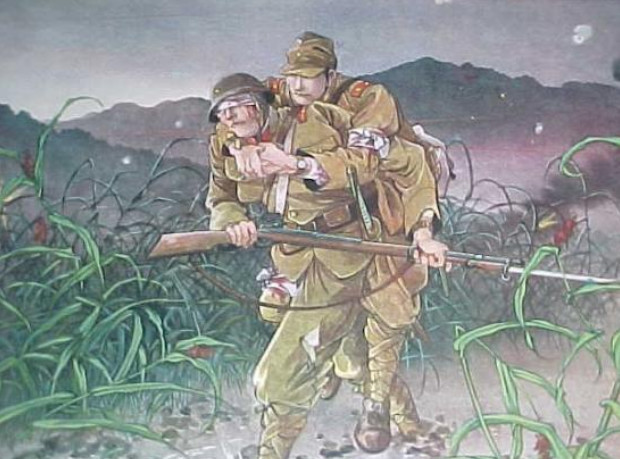 抗战时期日军内部宣传画:一名受伤的士兵,背着失去行动能力的军官逃离
