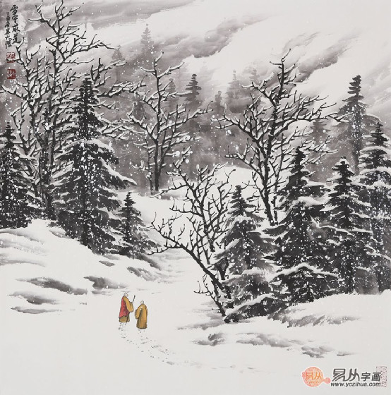 精美斗方画 吴大恺国画雪景图《雪中求道》