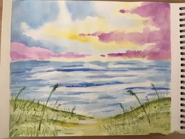 水彩画步骤《海边夕阳》
