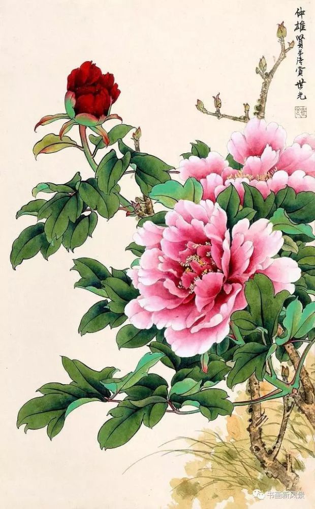 田世光 牡丹 田世光(1916-1999),号公炜,现代工笔花鸟画名家,他继承