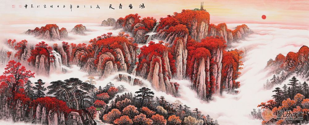 典型的中国风味山水画,从山上到山下,画面一气呵成,东边初升的红日如