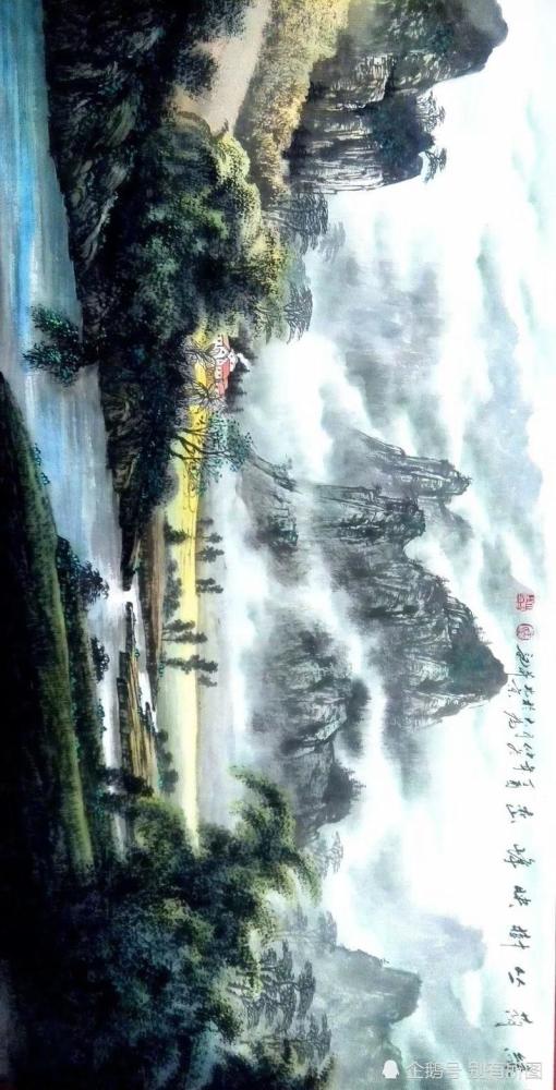 著名画家王大为精品彩墨国画山水画,取材于自然风景的