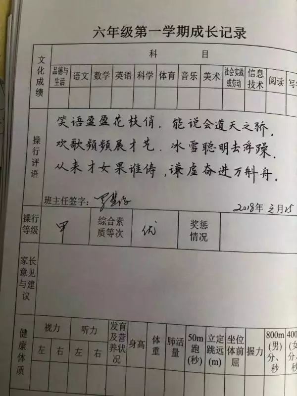 小学女老师用七言诗句给学生写评语 字还超美