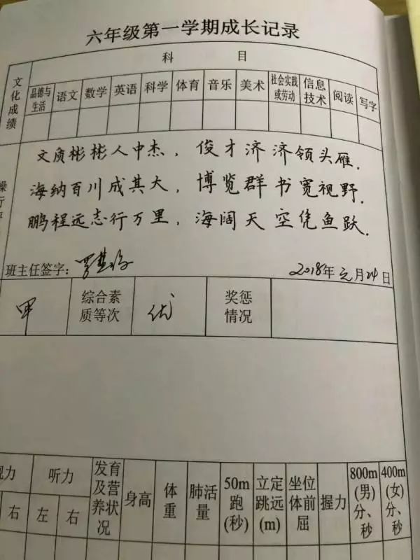 小学女老师用七言诗句给学生写评语 字还超美