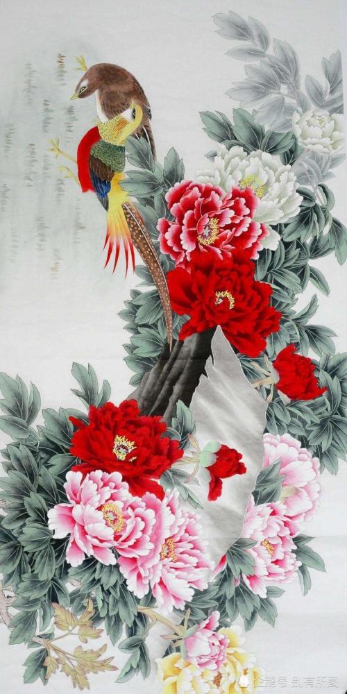 国画锦鸡,成双成对在花下树下,有锦上添花,前程似锦的吉祥寓意