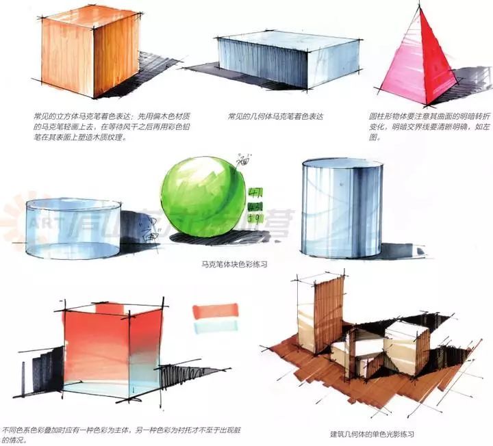 常见的立方体马克笔着色表达:先用偏木色材质的马克笔轻画上去,在