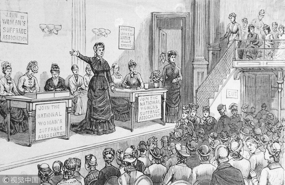 1880年,美国芝加哥,描绘妇女参政会议的版画.