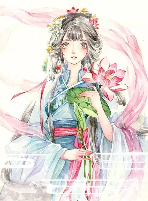 素材——古风彩铅水彩插画